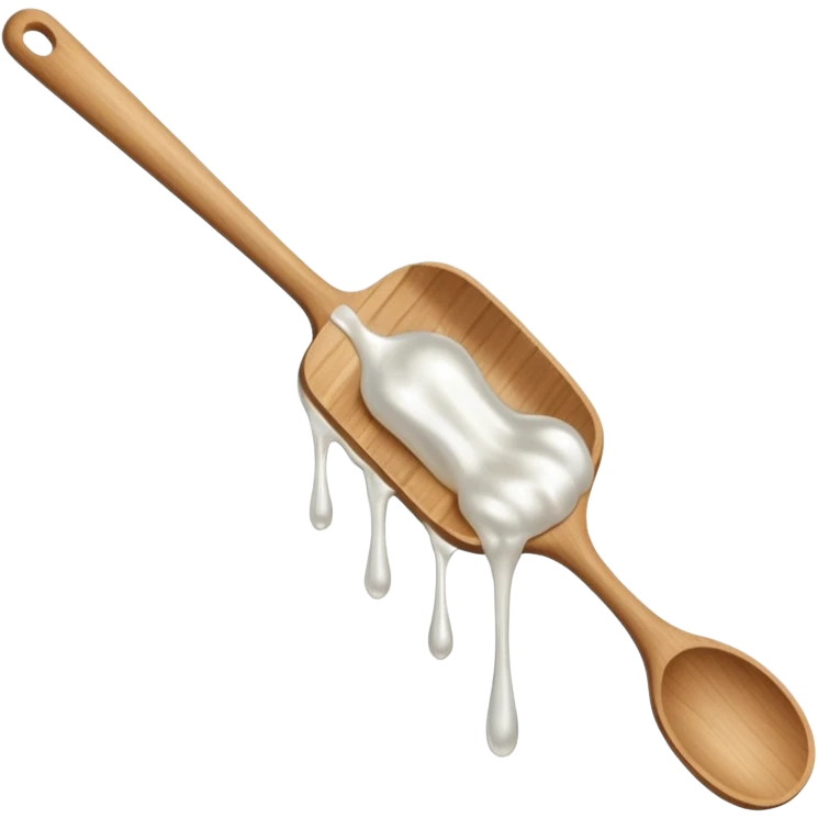 a close-up, minimalist shot of a viscous, pearly substance slowly dripping from a wooden spatula against a neutral gray background. emoji