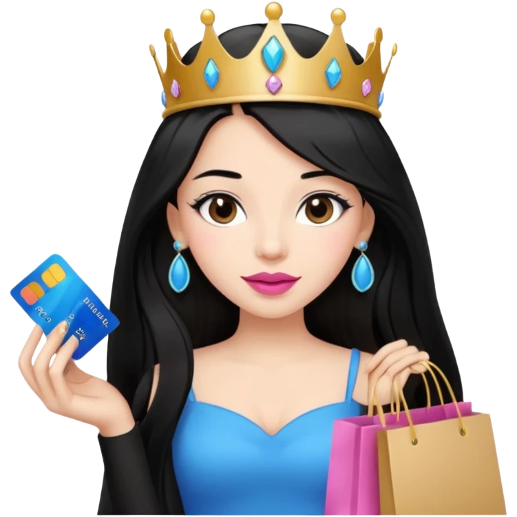 Girl with long black hair and tiara pink lipstick, brown eyes holding shopping bags and blue credit card emoji