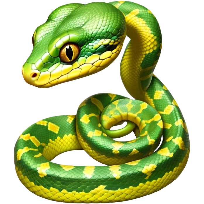 cinematic-green tree python-realistic-full-body-coiled-emoji,-thick-scaled-body-looped-tightly,-intricate-yellow and white-patterned-scales-reflecting-light,-head-tilted-dramatically,-cute-eyes-staring-calmly,-simplified-yet-realistic-focused-feature emoji