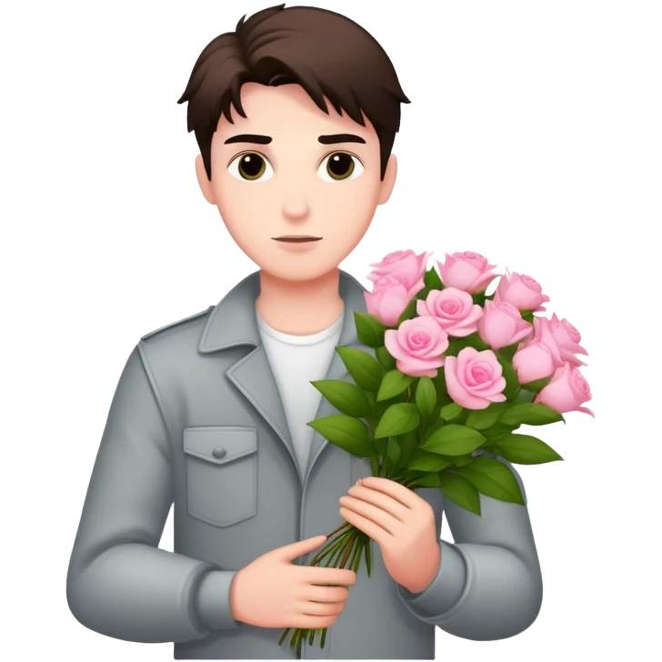 A cool bad boy with fair skin holding a bouquet of pink jasmine roses emoji