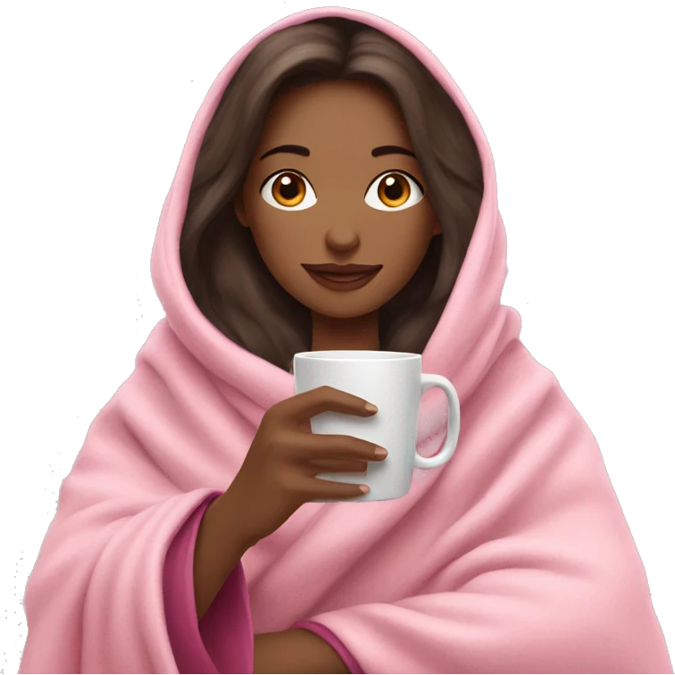 brunette girl in a pink blanket sipping coffee emoji