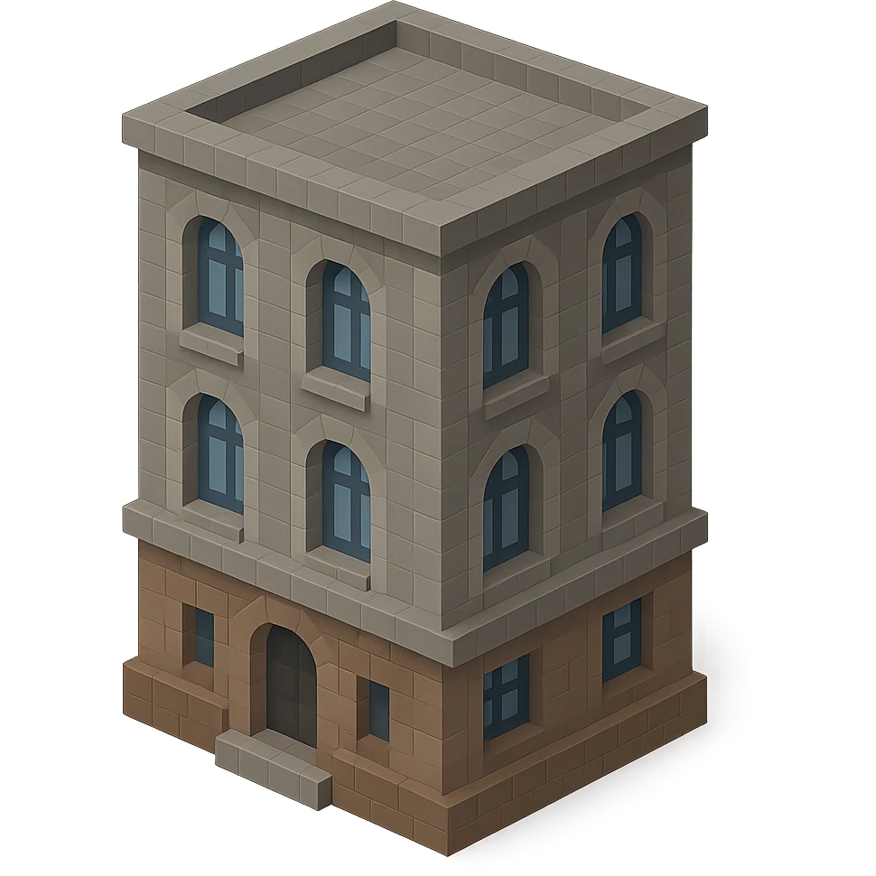 old Saint Petersburg building in voxel style, muted gray and brown colors, tall arched windows, isometric view emoji