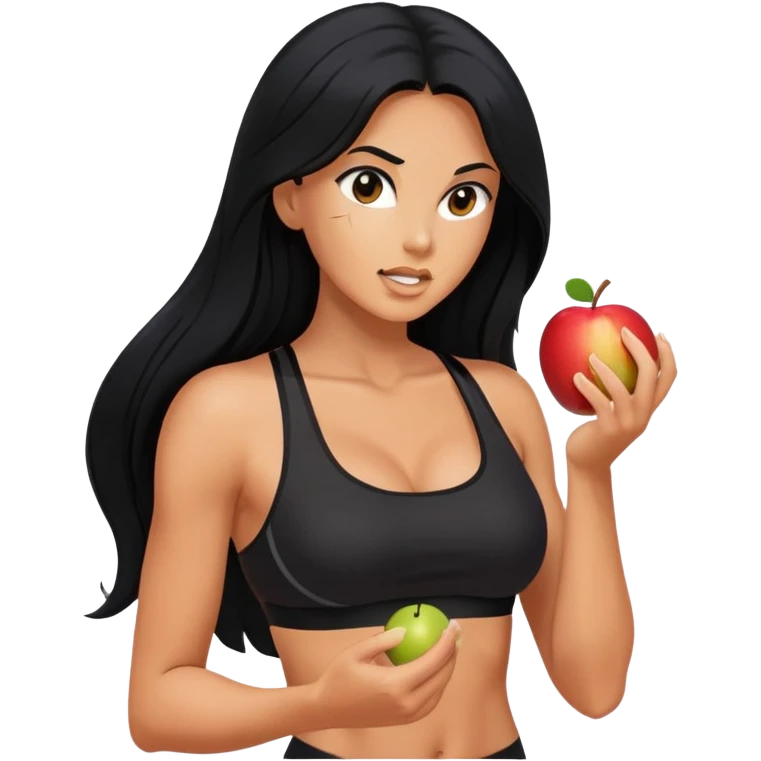 bitten apple in hand, long black hair tanned woman, black sports bra, hot emoji