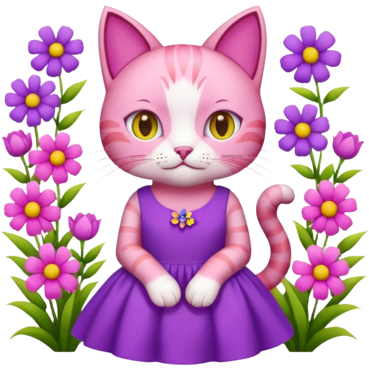 Pink cat wearing a cute purple dress surrounded by lots of flowers  emoji