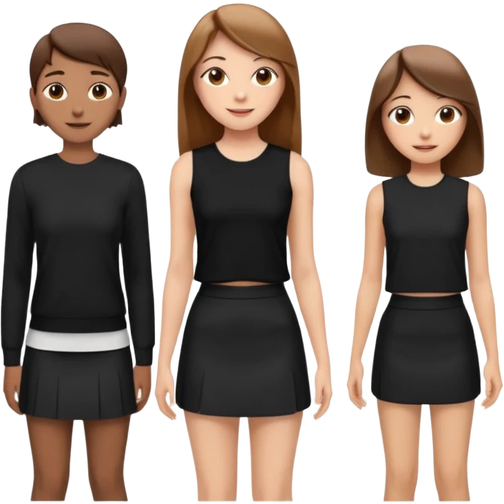 emoji of a girl with long, straight light brown hair, fair skin, soft brown eyes. Wearing a stylish black top and mini skirt. Full-height, standing confidently with shoulders back, head up, smiling proudly. Surrounded by 3men and one woman next to her, looking at her with admiration. emoji