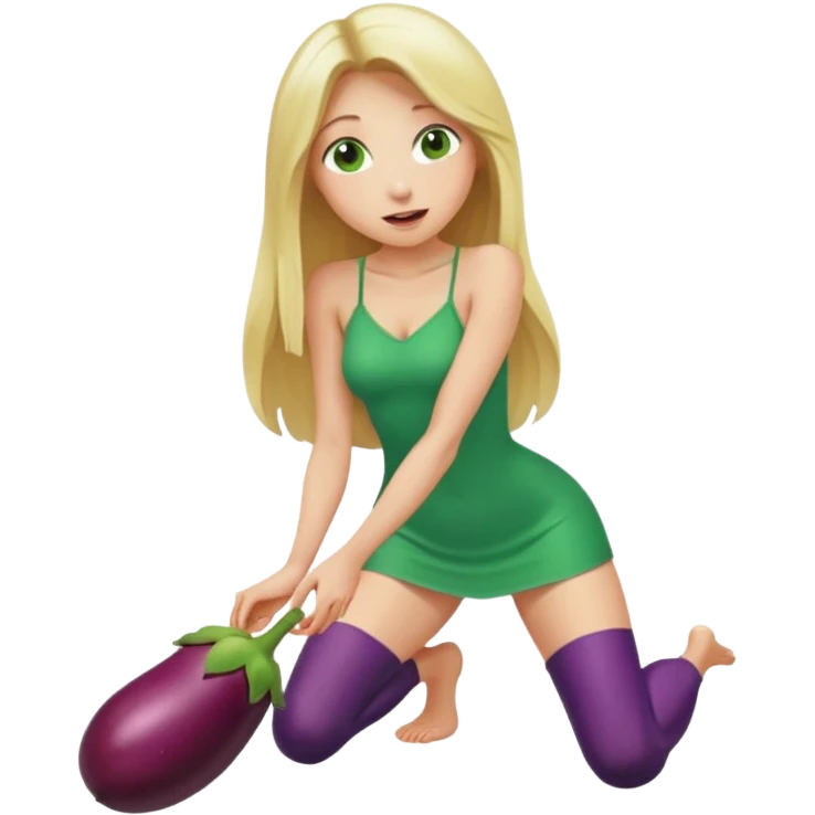 Naked woman tits out long blonde hair green eyes full body skinny legs no clothing kneeling eggplant in mouth emoji