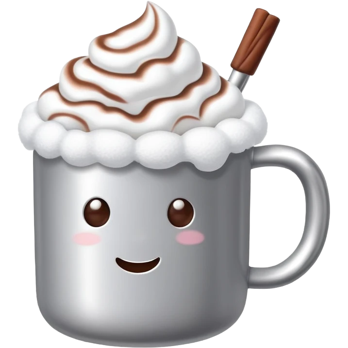 hot chocolate in a silver colored mug with marshmallows  emoji