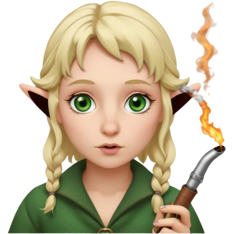 Blond hair green eye female hobbit smoking dusty pink pipe emoji