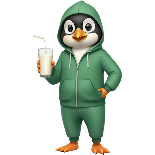 full body portrait of a friendly anthropomorphised penguin wearing a green mafia-style tracksuit, angry, intense brooding posture, holding a glass of milk emoji