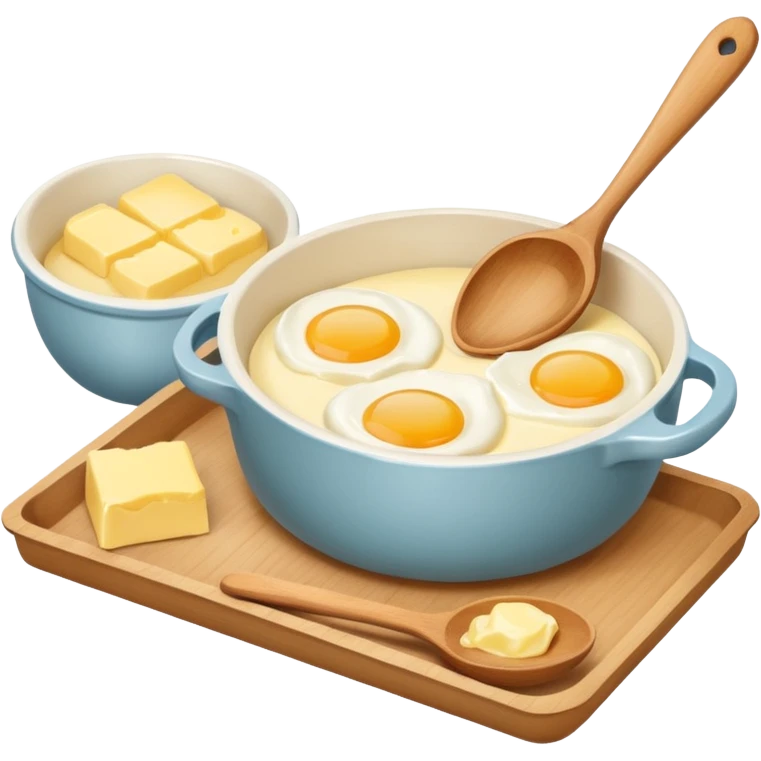 A carton of eggs, butter and a cream ceramic baking bowl with a wooden spoon in it emoji