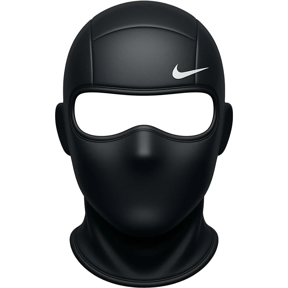 nike balaclava, no goggles, no one using it, all black mask with just the nike logo on the right end of the forehead right side just the mask emoji