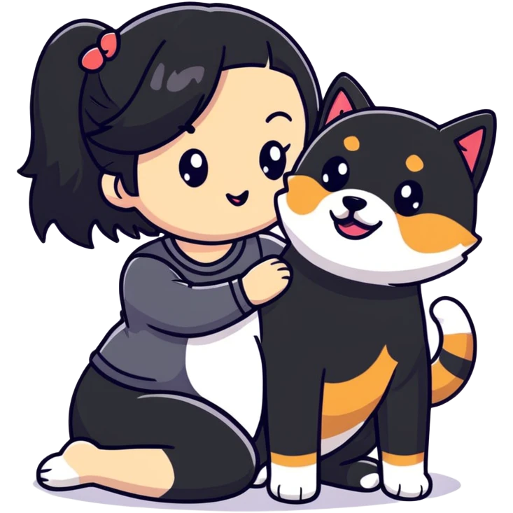 girl with black shoulder-length hair wearing a black tight-fitting top with a calico cat with white mouth and a shiba inu dog emoji