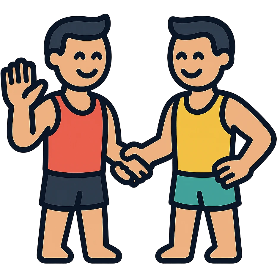 two gym buddies meeting each other, friendly, waving or shaking hands, simple and clear design, icon style, fitness theme emoji