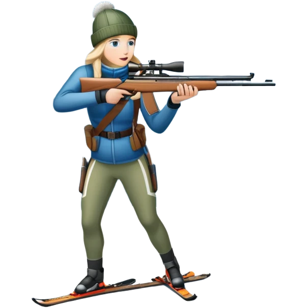 An icon showing a snowy landscape with pine trees, mountains, and a clear sky with a biathlete aiming a rifle in the foreground, wearing winter gear and skis. Transparent background emphasizes the precision, endurance, and beauty of this winter sport. emoji