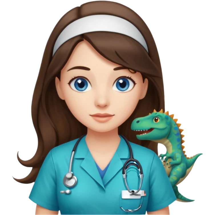 pretty brunette nurse with long hair and blue eyes in dinosaur pattern scrubs emoji