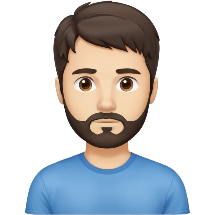 Argentine male with longer wavy dark brown hair reaching shoulders, wavy bangs, short complete beard, serious neutral face, wearing plain blue t-shirt emoji