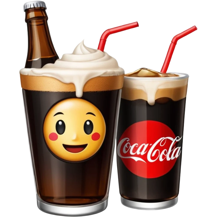 fernet con cocacola served in an improvised cup made from a cut Coca-Cola bottle, black drink with blonde foam, emoji style emoji