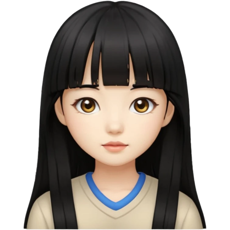 cute Korean girl, long black hair, fringe, beige eyes emoji
