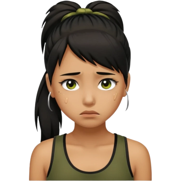 a tan girl with a black ponytail, black tank top, . Looking sad emoji