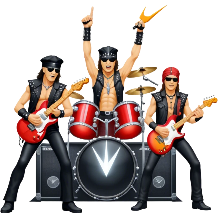 Icon for Rock Music: Scorpions live concert on stage with electric guitars, drums, and a powerful spotlight. Klaus Meine at the microphone, Rudolf Schenker and Matthias Jabs playing guitars, dynamic stage presence, and electric energy. Transparent background. emoji