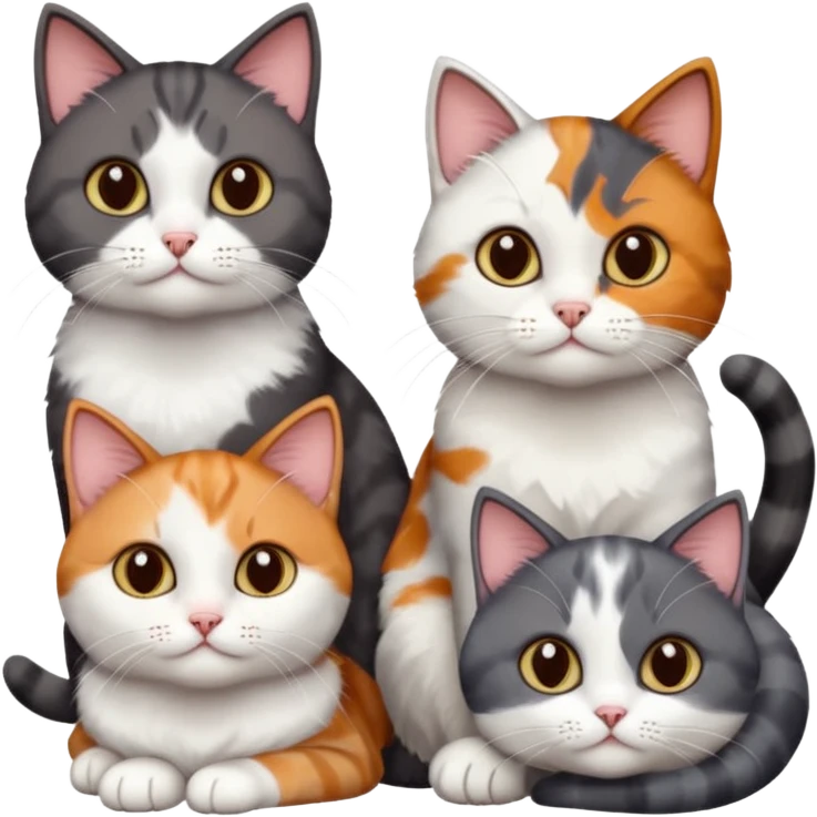 4 different coloured short haired cats including; a dark brown and white cat, and a dark grey and white, and a calico emoji