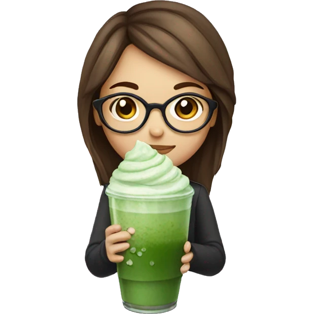 Girl with brown hair and glasses holding a iced matcha emoji
