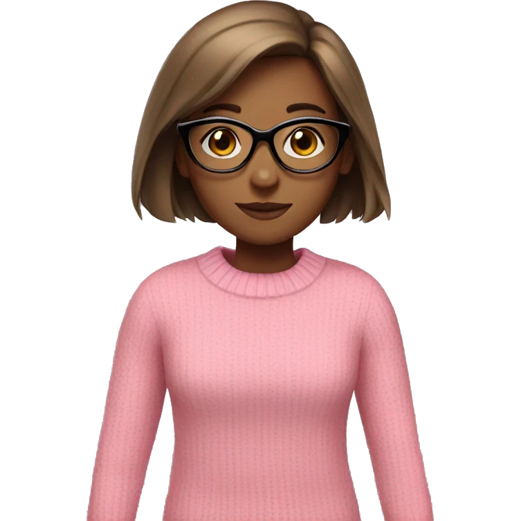 A girl with brown straight hair in a pink sweater with black glasses emoji