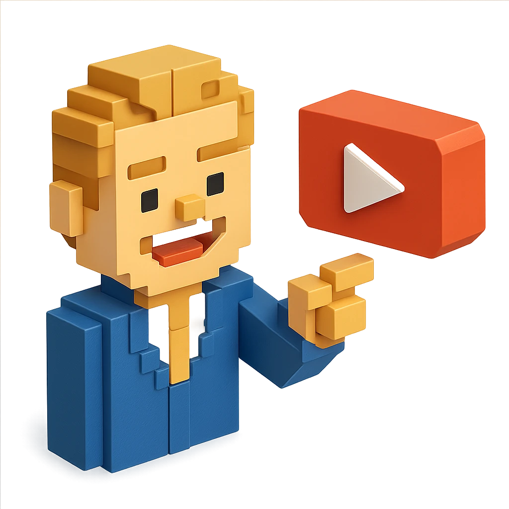 voxel style Leonardo DiCaprio smiling and pointing at a floating YouTube play button, isometric view emoji