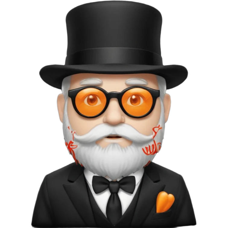 dwarf with a beard, a hairy body black sunglasses and a black top hat on his head. He also has a black tie on his chest. His nose is orange and his skin is pale white. emoji