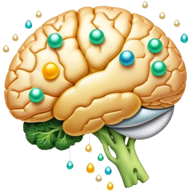 Glowing brain and liver connected by a pearlescent capsule, surrounded by choline-rich foods: eggs, liver, fish, and broccoli. Golden waves showing neural connections flow from the brain, with all elements having an ethereal glow representing cognitive benefits. emoji