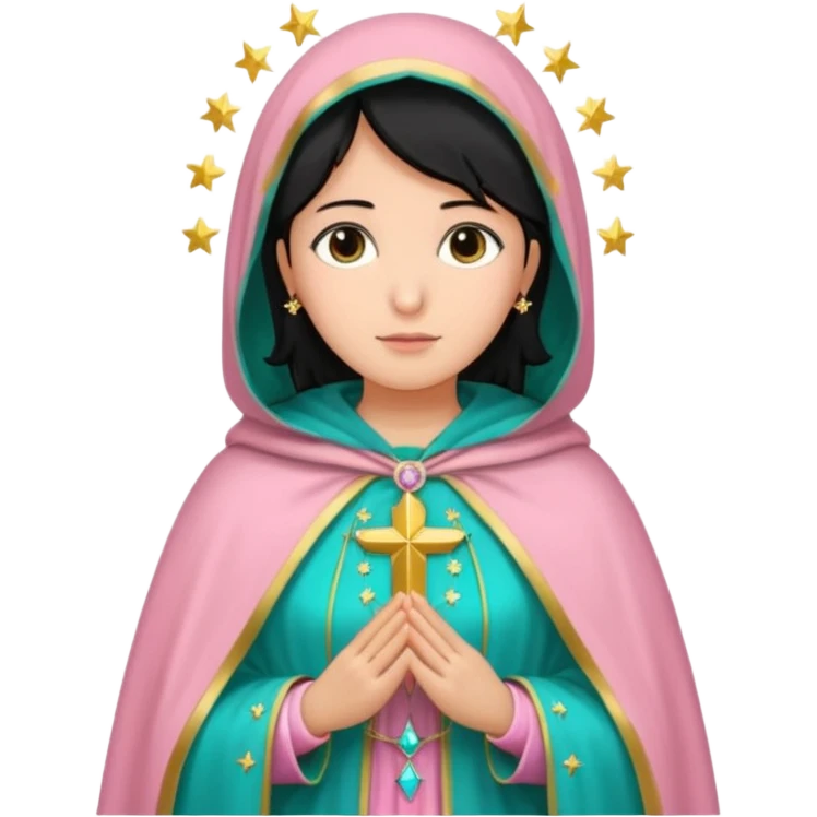virgen maria catolica con vestido rosa palido. manto verde turquesa y pequeñas estrellas doradas, dispersas por el manto, muchas estrellas en su manto.con las manos juntas y de piel morena con pelo negro lacio emoji