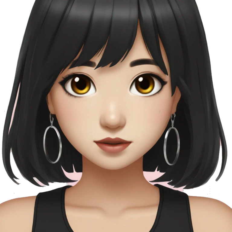 Korean girl, black tank top, black hair, black eyes, layered hair, cool girl, aesthetic, long hair, hime cut, blunt bangs, small silver hoop earrings emoji