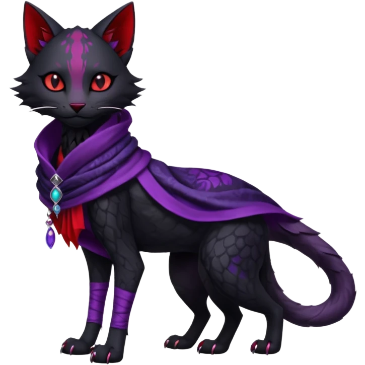 Kawaii feral, four-legged gothic dark badass black, red, purple, beautiful pretty elegant divine edgy feline-vernid-sergal-Trico-fursona-animal-creature, full body, with intricate detailed markings, silken shawl emoji