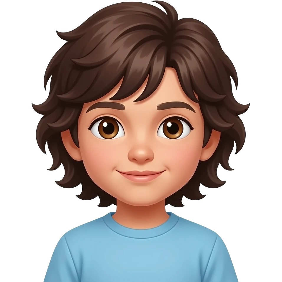 Niño pequeño con pelo marrón oscur largo y ondulado, piel un poco morena y los ojos marrones emoji