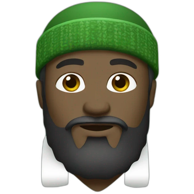 Black man with big beard wearing a green and white kufi face emoji