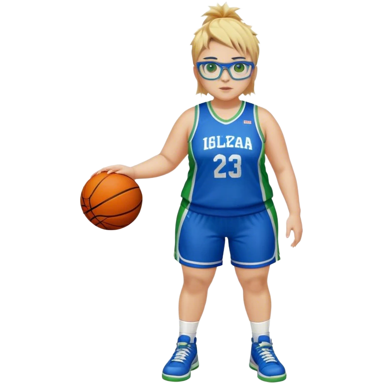 Full Body white plus size Girl with basketball spikey short brown and blonde hair  wearing blue glasses with green eyes wearing basketball uniform emoji