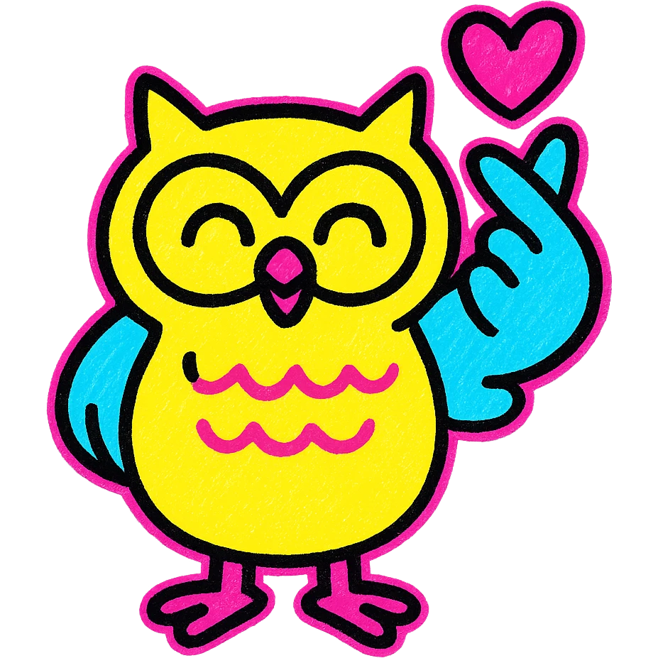 a smiling owl, feathers ruffled, making the saranghae sign, vibrant and colorful style emoji