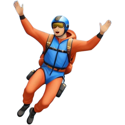 A base jumper soaring through the air, parachute deployed, flying off a steep mountain peak. The background is filled with majestic mountains, clear blue sky, and distant clouds, capturing the exhilarating thrill and beauty of extreme sports. emoji