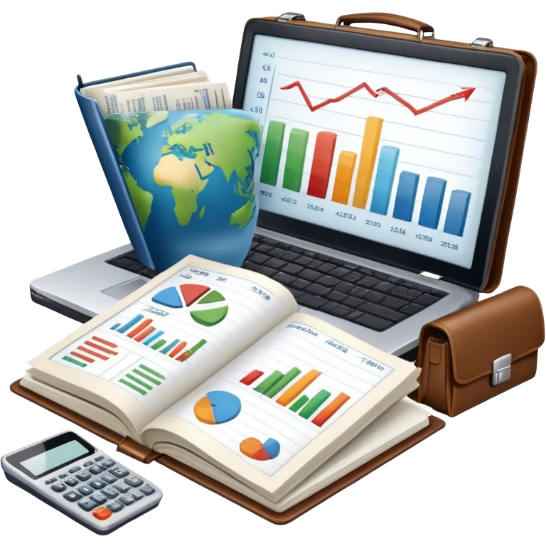 Icon for Business Reading: an open book with a graph and financial charts, a briefcase, a calculator, and a laptop nearby. The icon should represent the world of business, finance, and professional growth. Transparent background. emoji