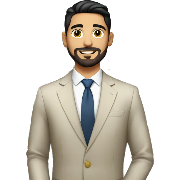Young man Real estate agent Italian short black hair and goatee in elegant  suit  standing in front of a house  emoji