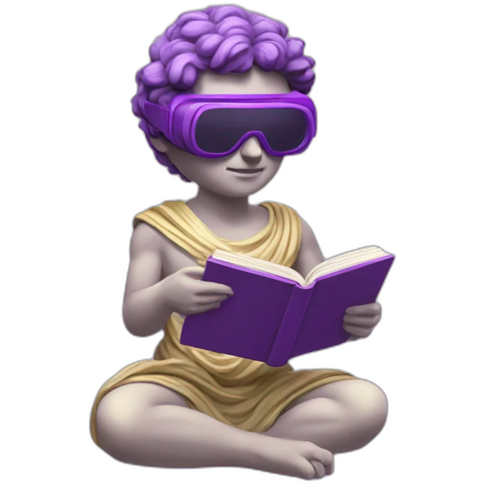 an EMOJI OF A ancient young greek statue reading a book, wearing VR glasses, purple colors, DIGITAL UNIVERSE emoji