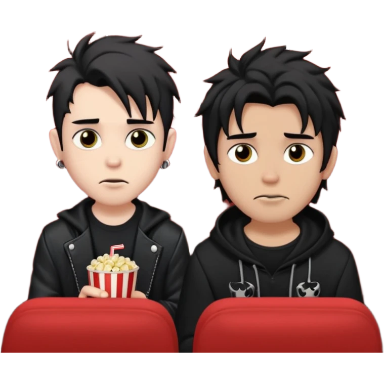 pale Goth boy with a bunch of face piercings, with shaggy dark brown hair, next to a tan skin gamer boy with long black hair , they are watching a movie in the theater together  emoji