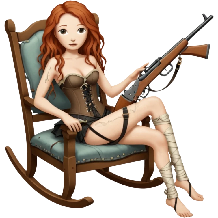 realistic cinematic Tori Amos sits on a rocking chair in a torn corset, holding an antique rifle and her bare feet are muddy. A white snake is wrapped around the chair. emoji