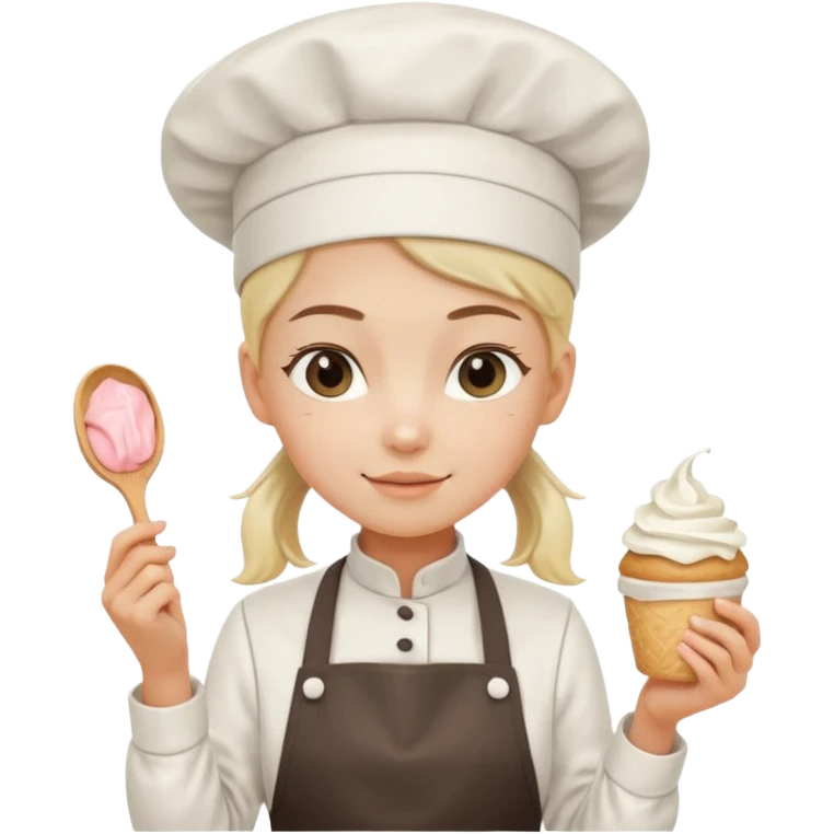 Young female pastry chef - single ponytail, apron, wearing a white hat, holding a cream bag emoji