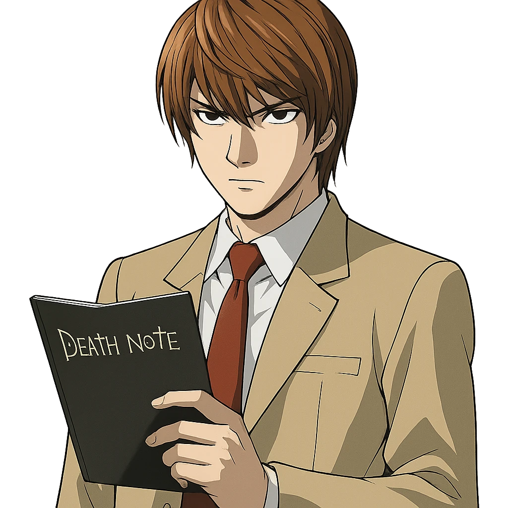 Light Yagami from Death Note, anime style, serious expression, holding a notebook, brown hair, school uniform emoji