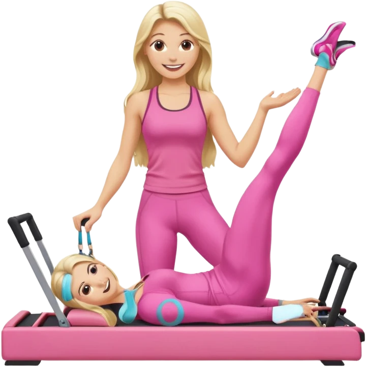 long haired blonde pilates instructor teaching reformer in pink set emoji