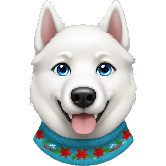 White Siberian Husky dog with blue eyes wearing a Christmas sweater emoji