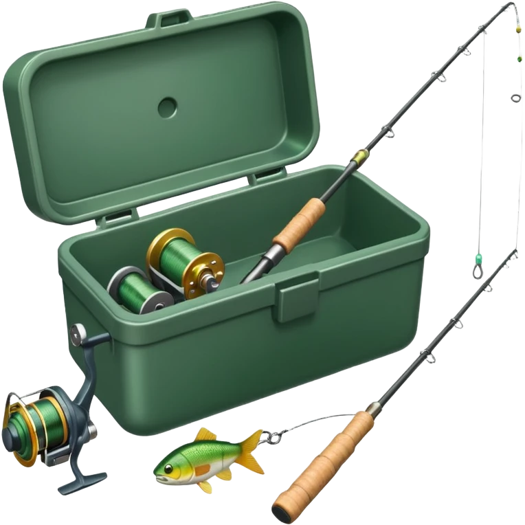 A fishing rod with reel and line neatly coiled beside a bait box.

 emoji
