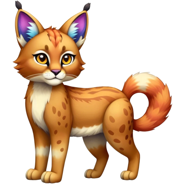 Vibrant multicolored Falvie-Fionbri-Bobcat-Caracal-creature-sparkle-feline-fursona, full body emoji