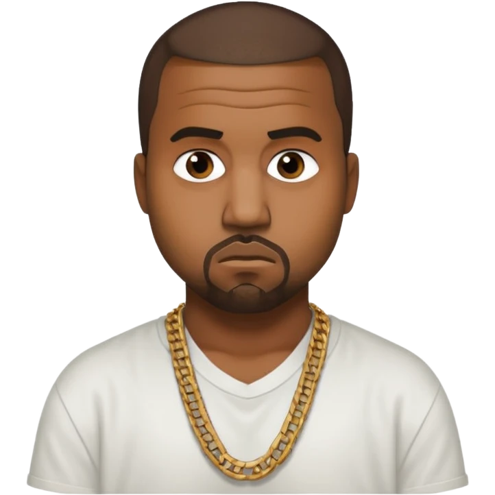 Kanye West staring blankly at a camera wearing a white shirt and a gold chain that slightly shows in the photo. emoji